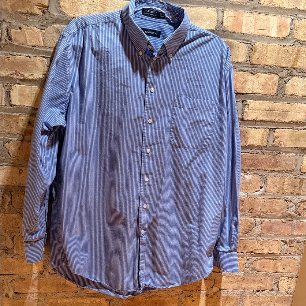 Men’s Nautica, 16 1/2 and 34/35 sleeve length blue and white stripe 100% cotton
